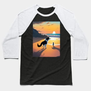 child playing with a dog on the beach. Baseball T-Shirt